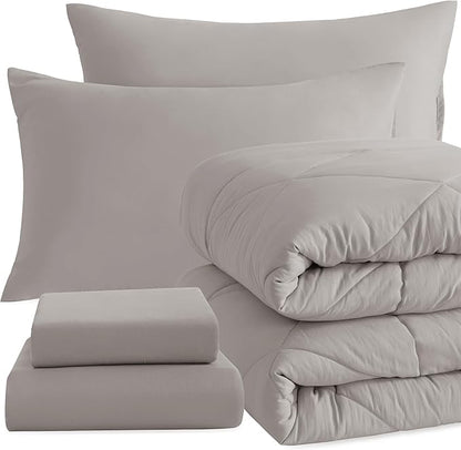NTBAY Twin Comforter Set with Sheets, 5 Pieces Soft and Breathable Twin Bedding Set, Bed in a Bag, Down Alternative Comforter Set Solid Color All Season, Kids Bedding Set, Smoke Grey