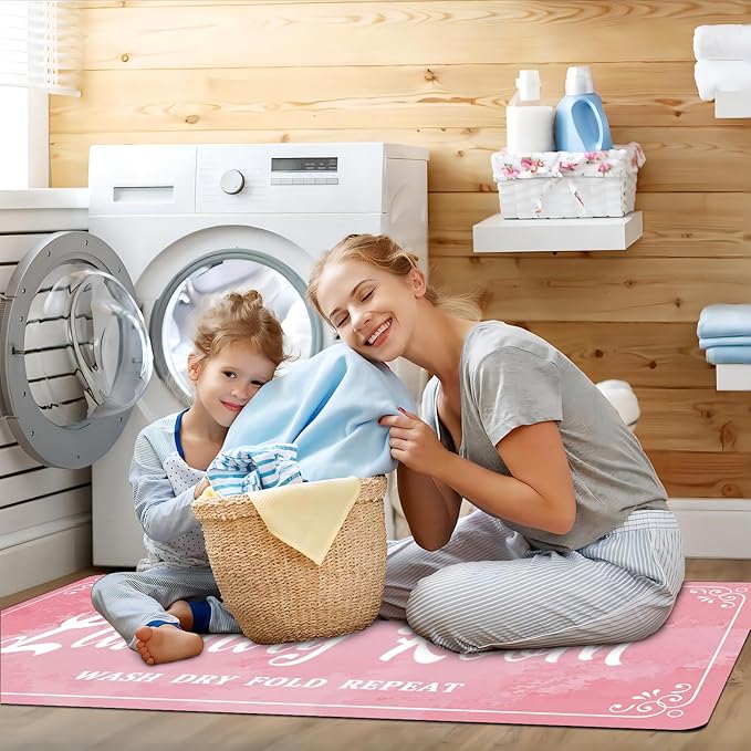 Laundry Room Rug Non Slip Floor mats Farmhouse Large Laundry Rugs for Pink Laundry Runner Room Mat Washer and Dryer Carpet Laundry Room Decor 20x47inch(Pink)