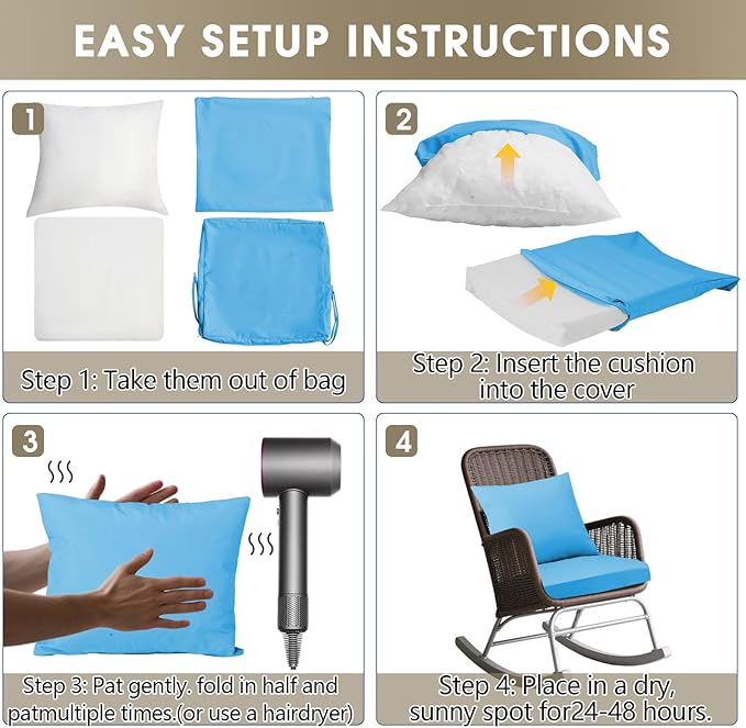 Outdoor Seat Cushion Set 22 x 22 In, Water-Resistant & Fade-Resistan, Patio Furniture Cushions with Removable Cover Deep Seat & Back Cushion with Handle and Adjustable Straps for Chair Sofa,2PC