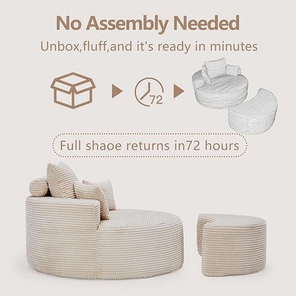 55.11" W Oversized Round Chaise Lounge Chair, Deep Seat Corduroy Cloud with Pillows, Moveable Ottoman and Blanket– Comfy Circle Loveseat Sofa Chair for Living Room or Bedroom (Beige)