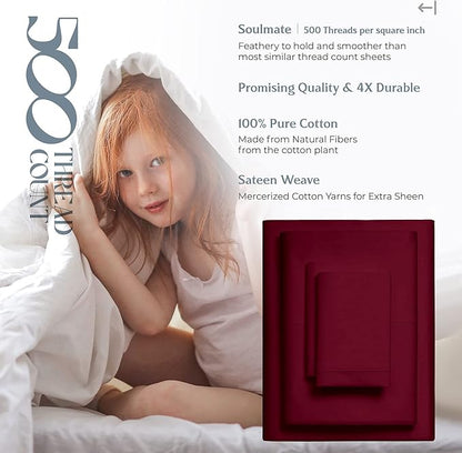 Mayfair Linen 500 Thread Count 100% Cotton Sheets King Size Bed Set - 4 PC King Bed Sheet Set (Burgundy) Soft, Cooling, Sateen 16" Deep Pocket Bedsheet for Hot Sleepers (Fits 18" Mattress)