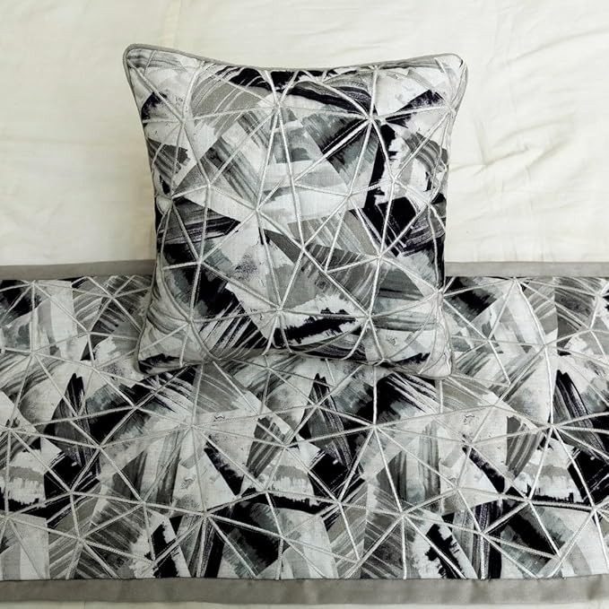 The HomeCentric King/Queen/Twin Grey Decorative Twin 53"x18" Bed Runner with 2 Pillow Cover, Print & Embroidery Bed Scarf on Cotton Fabric - Grey Angular