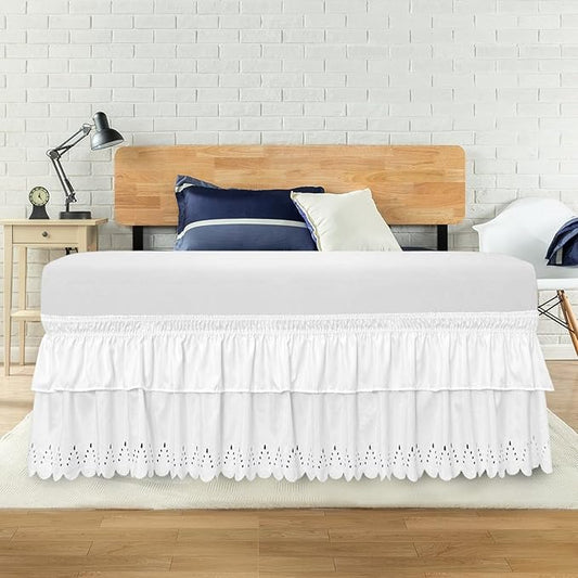 Twin Bed Skirt, Double-Layered Ruffled Eyelet Bed Skirt, Wrap-Around Elastic Dust Ruffle Twin Size with Gathered Styling and Embroidered Details, 14" Drop Length (White)