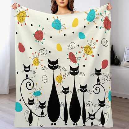 Mid Century Modern Throw Blanket, Atomic Black Cat Starbursts Iconic Sputnik Retro Abstract Geometric 1950s 1960s Throw for Adults Kids Pet, Beige Black 30"x40"