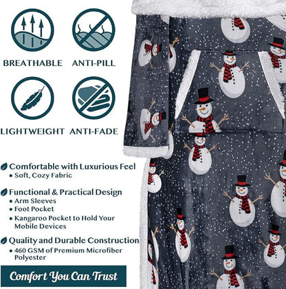 PAVILIA Sherpa Blanket with Sleeves, Foot Pocket for Women Men Adults, Thick Wearable Blanket Throw Wrap, Fleece Warm Snuggle Blanket Robe, Cozy Gift Ideas Wife Mom, Snowman Gray
