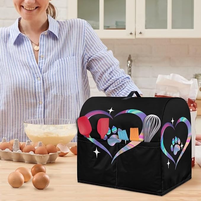 Dog Paw Heart Print Mixer Cover Stand Mixer Dust Proof Covers with Handle and Front Pockets Kitchen Aid Mixer Cover for 6-8 Qt Mixer,Kitchen Coffee Maker Toaster Machine Dust Cover