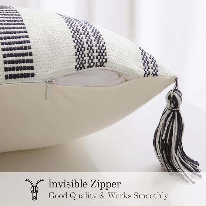 Smile Bee Boho Outdoor Couch Throw Pillow Covers Set of 2 Decorative Lumbar Thick Woven Striped Accent Neutral Pillow Covers with Tassels for Bed Sofa Home Decor 12x20 Inch, Navy Blue and Cream White
