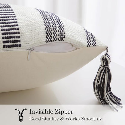Smile Bee Boho Outdoor Couch Throw Pillow Covers Set of 2 Decorative Lumbar Thick Woven Striped Accent Neutral Pillow Covers with Tassels for Bed Sofa Home Decor 12x20 Inch, Navy Blue and Cream White