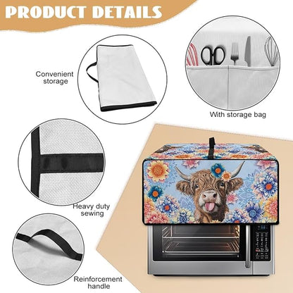 Microwave Oven Cover Heavy Duty Microwave Oven Dust Cover with Storage Pockets Dust-Proof Reusable Decor Accessories for Kitchen, Highland Cattle Boho Mandala Floral Print, M