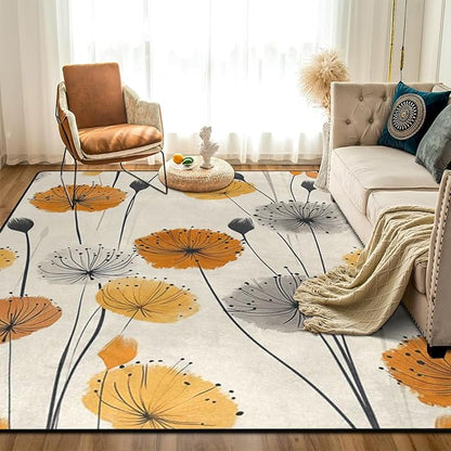 9CH Dandelion Flower Area Rug 7' X 5' Cream Yellow Bohemian Dandelion Carpet Soft Non-Slip Floor Mats for Bedroom Dining Room Nursery
