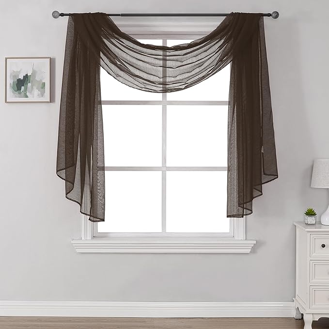 DONREN Luxury Soft Sheer Curtains Scarf for Windows - Semi Voile Window Scarf Valance,52 Inches Wide by 144 Inches Long (1 Panel,Chocolate Brown)