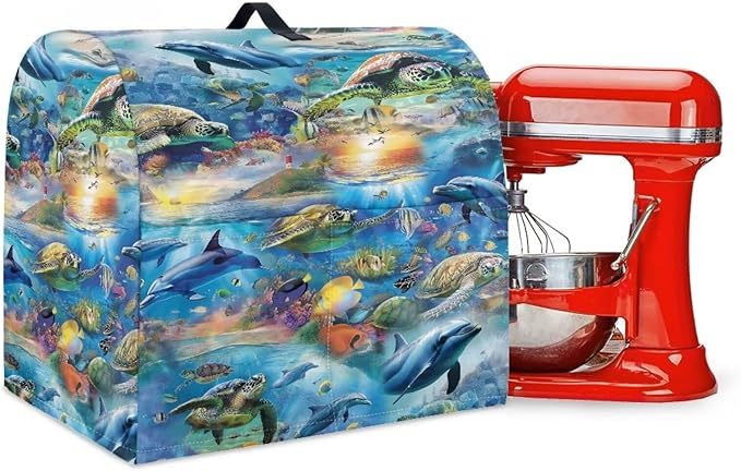 Ocean Dolphin Turtle Print Mixer Cover Stand Mixer Dust Proof Covers with Handle and Front Pockets Kitchen Aid Mixer Cover for 4.5-5 Qt Mixer,Kitchen Coffee Maker Toaster Machine Dust Cover