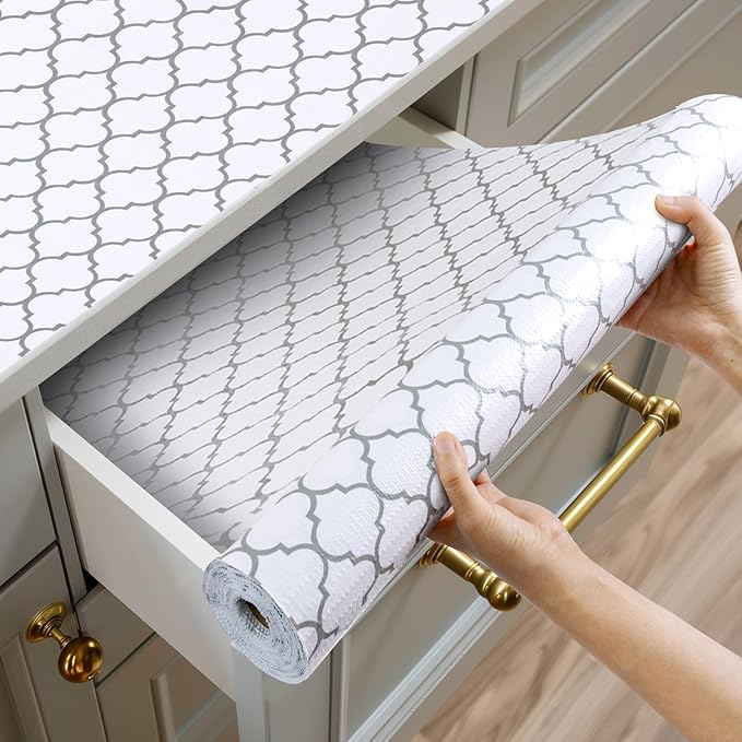 Shelf and Drawer Liner for Kitchen Cabinets Non-Adhesive, Strong Grip Non-Slip Thickened Cabinet Liners for Shelves, Waterproof Mats for Dresser Cupboard, White/Gray, 23 in x 30 Feet