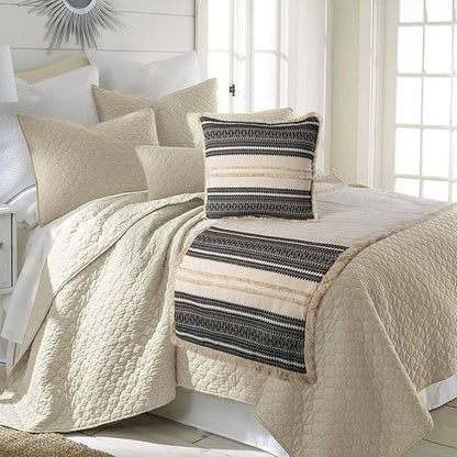 The HomeCentric Beige Bed Runner Without Pillow Cover, Full Size 68"x18" Decorative Bed Runner, Beige & Black Linen Bed Scarf in Quilted, Natural Linen with Lace - Moroccan Vibe