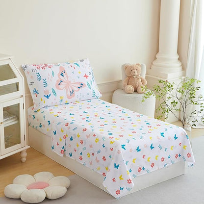 PERFEMET Girls Floral Comforter Set Twin Size 4 Pieces Botanical Flower Bedding Set Butterfly Pattern Teens Kids Bed in a Bag with Sheets for All Seasons(White, Twin)