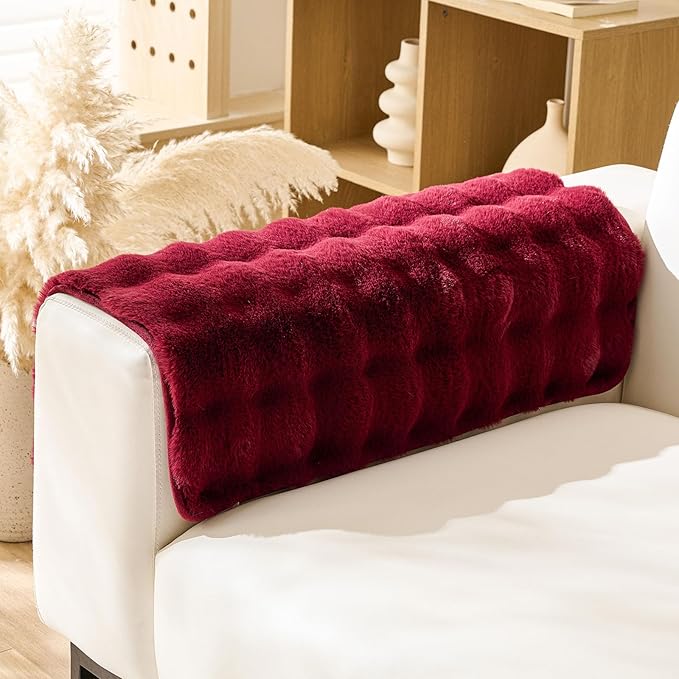Christmas Faux Fur Armrest Cover Backrest Cover Fuzzy Plush Thick Bubble Sofa Cover Luxury Soft Cozy Couch Cover Anti-Slip Sofa Slipcover Washable Furniture Protector (Wine Red,28"x28")
