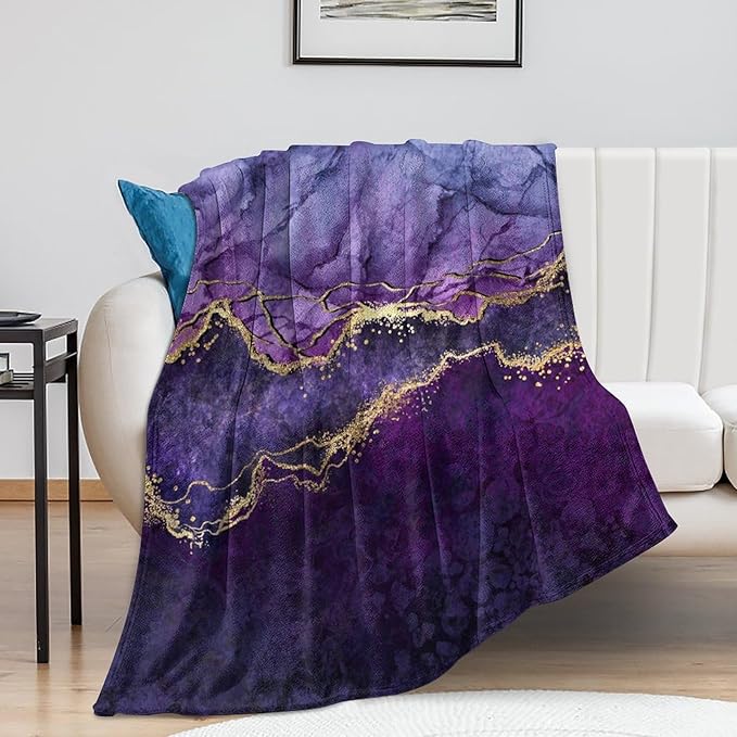 Modern Marble Blanket, Abstract Luxury Baroque Art Golden Purple Stone Veins Pattern Soft Warm Cozy Plush Flannel Covers for Livingroom Bedroom Couch Chair Camping Travel Home Decor Tapestry 60x80in