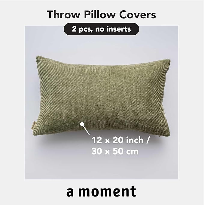 a moment Pack of 2 Decorative Chenille Throw Pillow Covers with Twill Cushion Covers for Sofa Living Room Couch Bed 12x20 Inch Moss Green