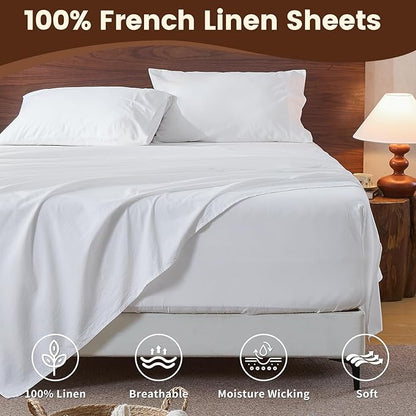 100% Linen Sheet Set Queen Size Extra Deep Pocket Fits 18-24 Inch Mattress, Breathable & Soft, Smooth 4-Piece Set for Thick Mattresses Hotel Luxury Bedding（Queen, White）