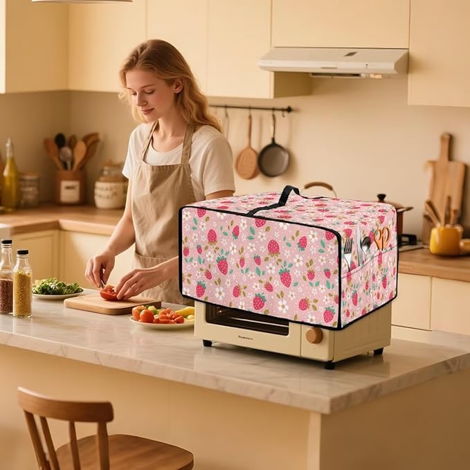 Pink Strawberry Cherry Blossom Print Microwave Oven Dust Cover Toaster Oven Cover Foldable Polyester-Linen Fabric Small Appliance Dust Covers Suitable for Most Microwave Ovens, M