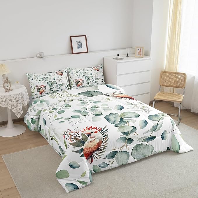 Erosebridal Cartoon Animal Queen Comforter Set for Kids Toddler Kawaii Parrot Bedding Set Queen, Wild Bird Bedding Comforter Sets Cute Wildlife Duvet Set, Botanical Green Eucalyptus Quilted Comforter