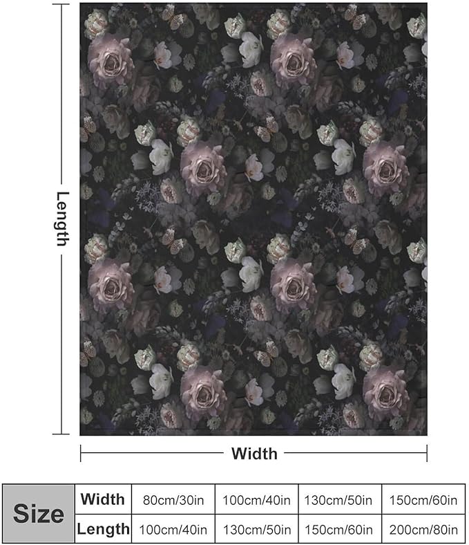 Vintage Gothic Floral Blanket, Black Pink Flower Rose Black Garden Roses Blooming Boho Throw Blankets for Home Bedding Couch Decor, 40"x50"