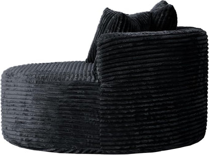 JACH Oversized Round Lazy Sofa Chair with Three Pillows, 50" Corduroy Deep Seat Single Sleeper Sofas, Upholstered Chaise, Cloud Couch for Living Room, Apartment, Black