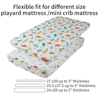Onacosht Pack n Play Sheets 2 Pack for Baby Boy, Stretchy Jersey Knitted Portable Mini Crib Sheets Playard Mattress Cover, Dinosaur Printing
