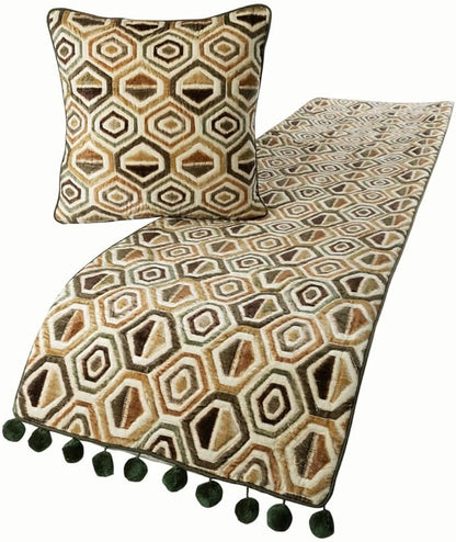 The HomeCentric Beige Bed Runner, Twin Size 53"x18" Decorative Bed Runner with 2 Matching Pillow Cover, Beige Velvet Bed Scarf in Quilted - Hex Element