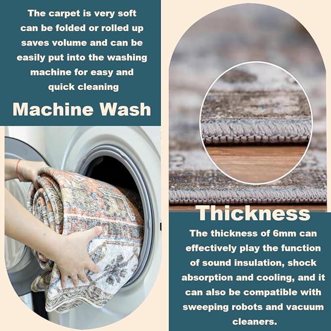 Area Rug 5'x7' Washable Rug Traditional Floor Cover Thin Retro Kitchen Indoor Distressed Non Slip Carpet for Living Room Bedroom Dining Room