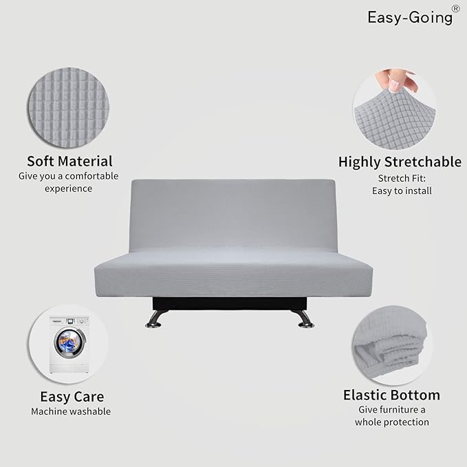 Easy-Going Stretch Futon Sofa Slipcover Armless Sofa Bed Cover Furniture Protector Without Armrests with Elastic Bottom for Kids,Soft Jacquard Fabric Small Checks（Medium Futon,Silver Gray