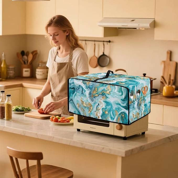 Convection Toaster Oven Dust Cover Washable Fabric Electric Appliance Protector, Easy to Clean Microwave and Convection Oven Dustproof Covers, L, Tea Gold Marble