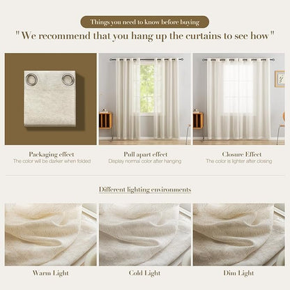 Anmao Flax Linen Curtains for Living Room 90 Inch Length 2 Panels Set, Light Filtering Sheer Window Curtain Drapes for Bedroom with Nickel Grommet, 52 Inch Wide Each Panel, Natural Color