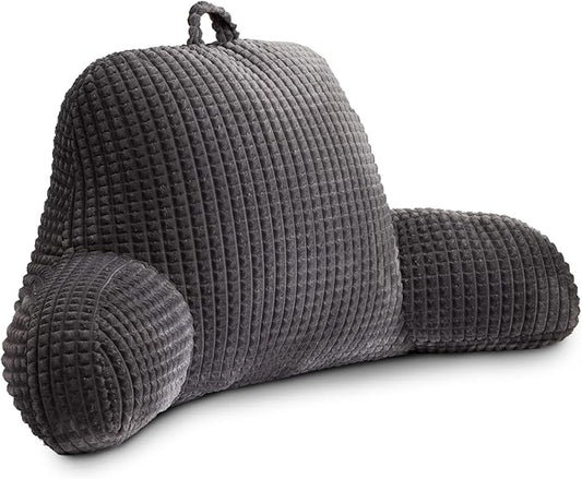 Holawakaka Reading Pillow for Bed and Sofa Couch Sitting Up, Backrest Pillows with Arms for Kids Teens Adults, Back Support Cushion for Lounging, Watching TV, Working on Laptop, Dark Grey
