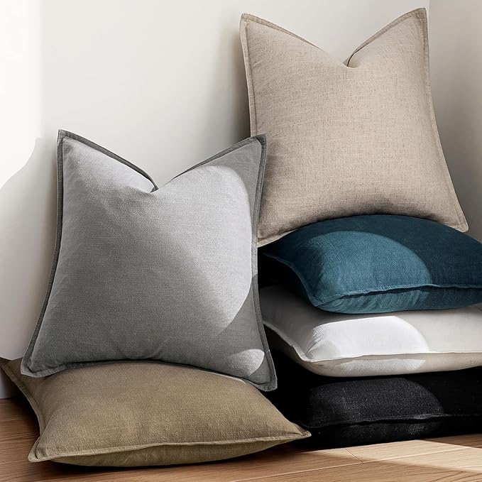 EMEMA Decorative Linen Throw Pillow Covers 26x26 Inch Cream Boho Farmhouse Neutral Couch Throw Pillows for Bed Pack of 2 Accent Pillowcase Modern Sofa Cushion Livingroom Home