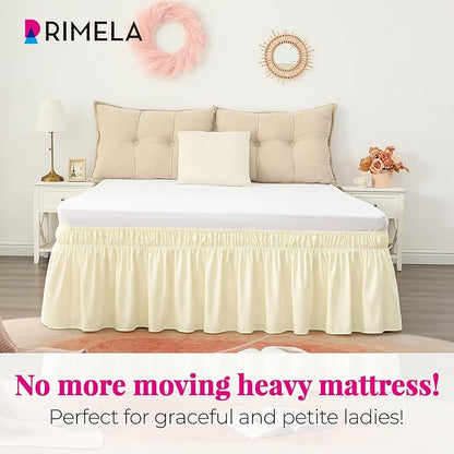 RIMELA Butter Yellow Bed Skirt Queen Size 15 Inch Drop, Elastic Bed Skirting for Bed Base and Frame, Bedding Dust Ruffle Easy to Install, Lightweight Comforter Set with Wrap Around Adjustable Bedskirt