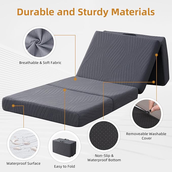 Foldable Memory Foam Mattress - 3 Inch Cot Waterproof Collapsible Mattress with Washable Cover, Portable Guest Bed Pad, Sleeping Mat for Travel RV Yoga, Non-Slip Bottom,72"x24"x3"