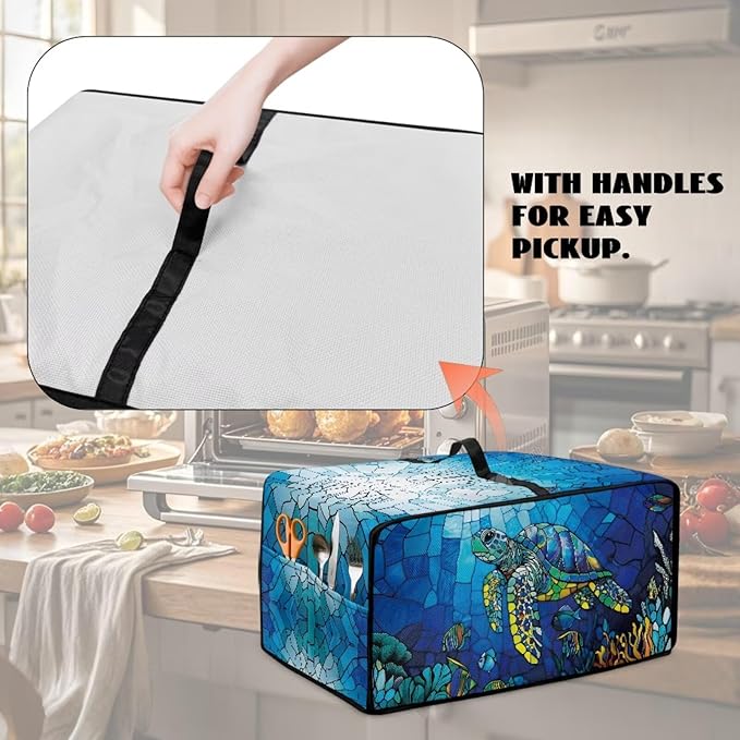 Glass Painting Sea Turtle Print Microwave Oven Cover Dustproof Toaster Oven Cover Large Size Foldable Kitchen Appliance Protector with Storage Bag Machine Washable, L
