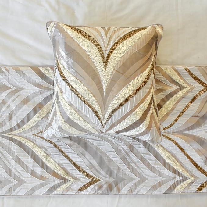 The HomeCentric King/Queen/Twin Ivory Decorative CA King 86"x18" Bed Runner Without Pillow Cover, Bead Hand Embroidery Bed Scarf on Jacquard Fabric - Clarissa Serene