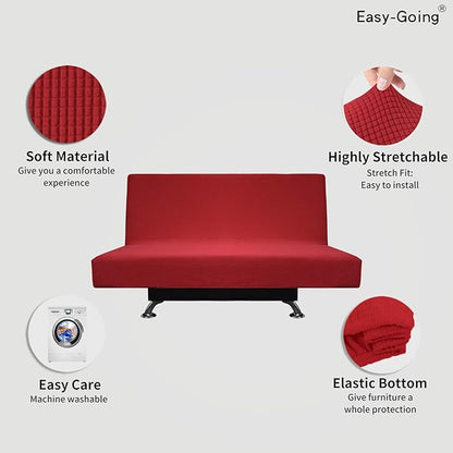 Easy-Going Stretch Futon Slipcover Armless Futon Bed Cover Furniture Protector Without Armrests with Elastic Bottom for Kids, Soft Jacquard Fabric Small Checks (Medium, Christmas Red)