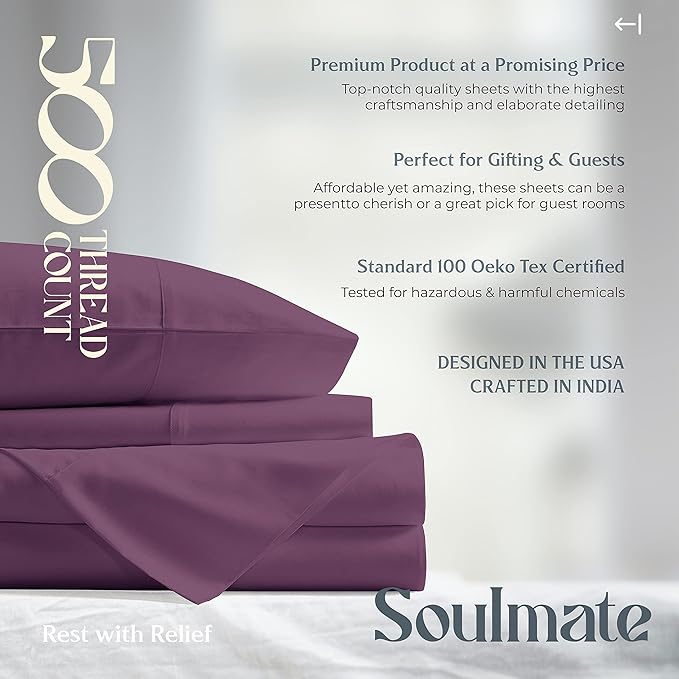 Mayfair Linen 500 Thread Count 100% Cotton Sheets King Size Bed Set - 4 PC King Bed Sheet Set Cotton (Plum), Soft, Cooling, Sateen Weave 16" Deep Pocket Bedsheet for Hot Sleepers (Fits 18" Mattress)