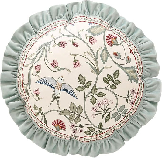 Round Throw Pillow Cover,Green Cozy Velvet Farmhouse with Birds and Floral Pattern Pillowcases,Decoration Pillows Cushion Covers for Couch Sofa Bed Car Chair,Diameter 16"