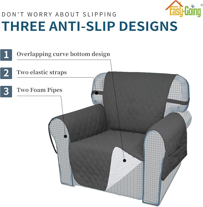 Easy-Going Sofa Slipcover Chair Cover Waterproof Couch Cover Washable Sofa Cover Non-Slip Fabric Furniture Protector with Pocket for Pets Covers Pets Kids Children Dog Cat (Chair, Dark Gray)