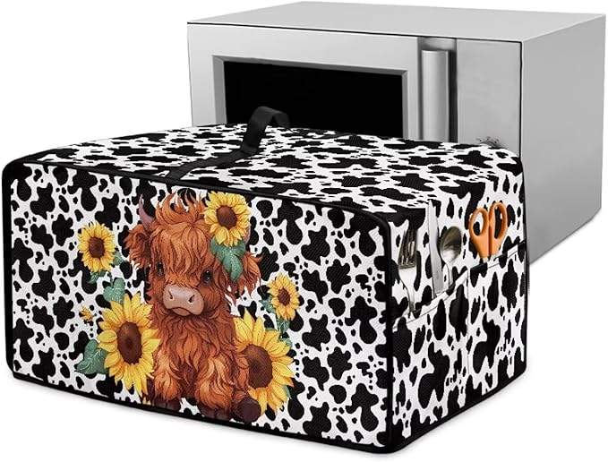 Microwave Oven Cover with Storage Pockets Waterproof Toaster Oven Dust Cover Universal Kitchen Appliance Protector, Cartoon Highland Cattle Sunflower Cow Print, L
