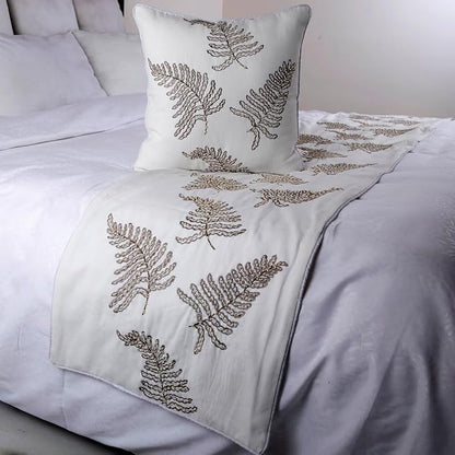 The HomeCentric White Bed Runner, CA King Size 86"x18" Decorative Bed Runner with Matching Pillow Cover, White Linen Bed Scarf in Fern Embroidery & Pearl - Fern Blossom