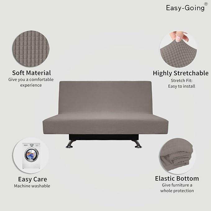 Easy-Going Stretch Futon Slipcover Armless Futon Bed Cover Furniture Protector Without Armrests with Elastic Bottom for Kids, Soft Jacquard Fabric Small Checks (Medium, Taupe)