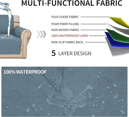 Easy-Going Sofa Slipcover Waterproof Sofa Cover Couch Cover for 4 Cushion Couch with Elastic Straps Washable Non-Slip Furniture Protector Cover for Pets, Dogs, Cat (XX-Large, Light Blue)