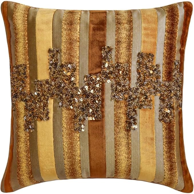 The HomeCentric King/Queen/Twin Gold & Brown Decorative King 90"x18" Bed Runner with Two Pillow Cover, Striped, Beadwork & Handmade Bed Scarf on Velvet Fabric - Streamlined