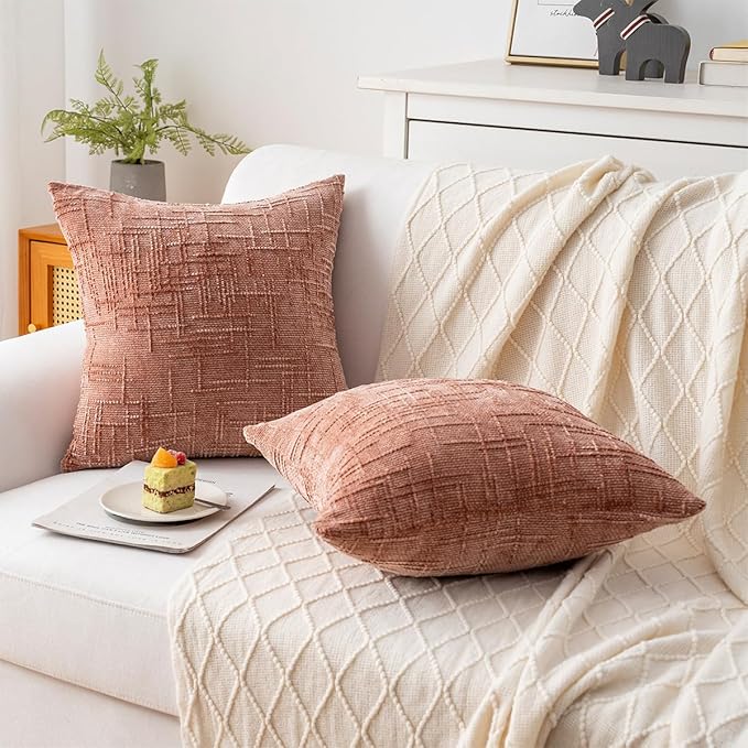 Decorative Throw Pillow Covers 20x20 Inch Set of 4, Soft Solid Farmhouse Chenille Couch Pillows, Spring Pillow Covers for Couch Sofa Bed Living Room Home Decor Pillowcase, Coral