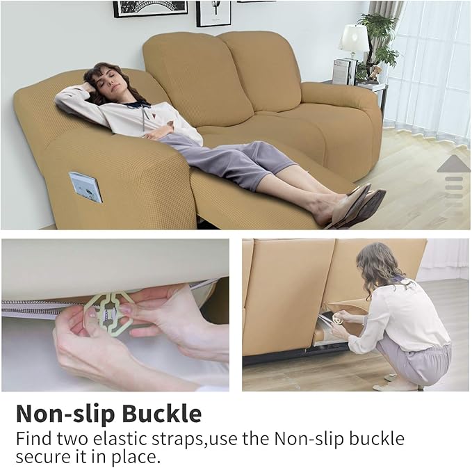 Easy-Going 6 Pieces Recliner Loveseat Stretch Sofa Slipcover Sofa Cover Furniture Protector Couch Soft with Elastic Bottom Kids, Spandex Jacquard Fabric Small Checks Golden